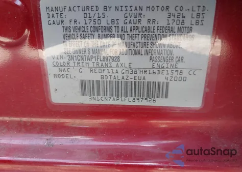 2015 Nissan Versa 1.6 S+ из США, поврежденный, VIN 3N1CN7AP1FL897928